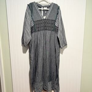 Wrap London Linen Embroidered Midi Dress Boho Lagenlook Blue Gray NEW Size 18